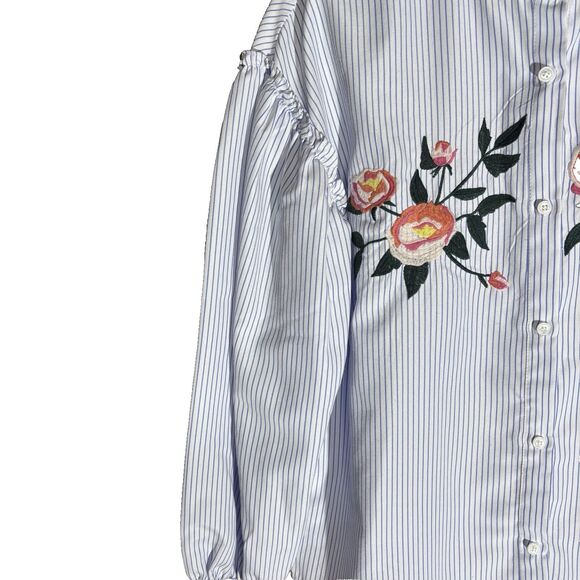 Sugar Lips Long Puff Sleeve Embroidered White with Stripe Button Down Shirt M - Picture 4 of 16
